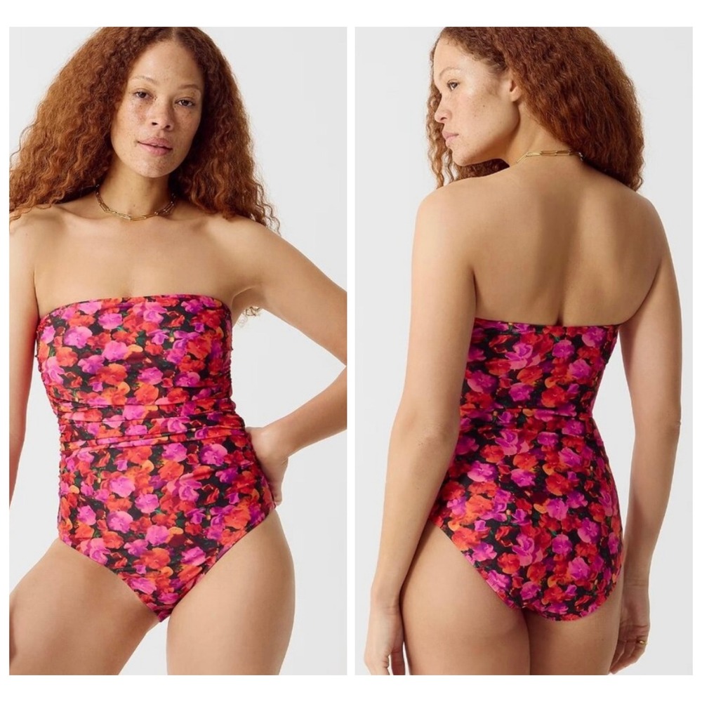 J.Crew Womens Ruched Bandeau One-Piece Swimsuit Multi Floral Sz 8‎ Tummy Control